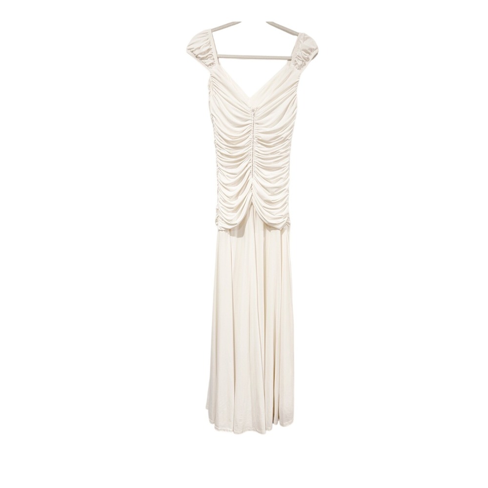 Vintage Jessica McClintock Ivory Ruched V-Neck Cap Sleeve Gown Dress Size 8